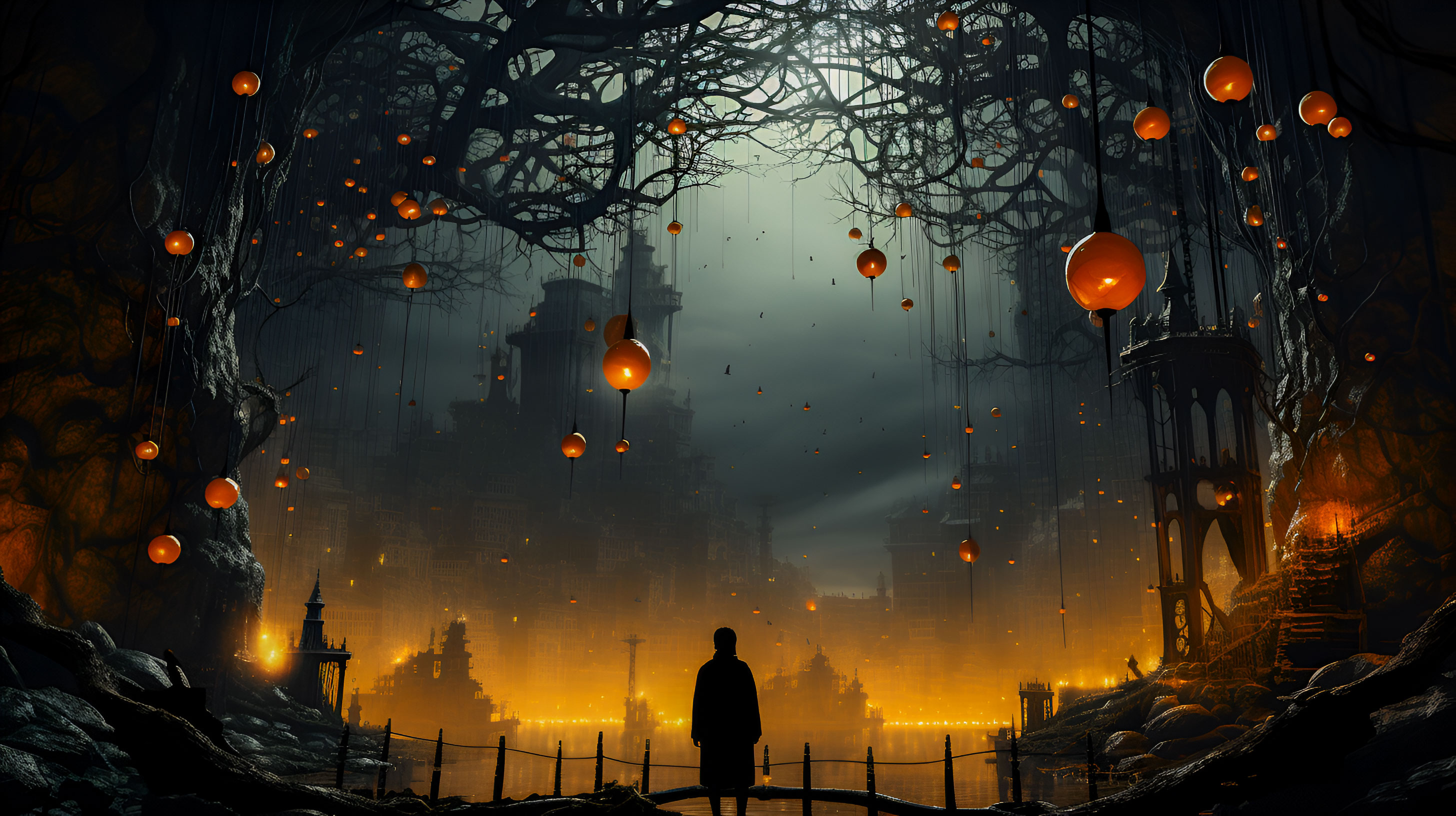 a-man-seeing-a-dark-castle-from-a-bridge-in-the-light-of-candles